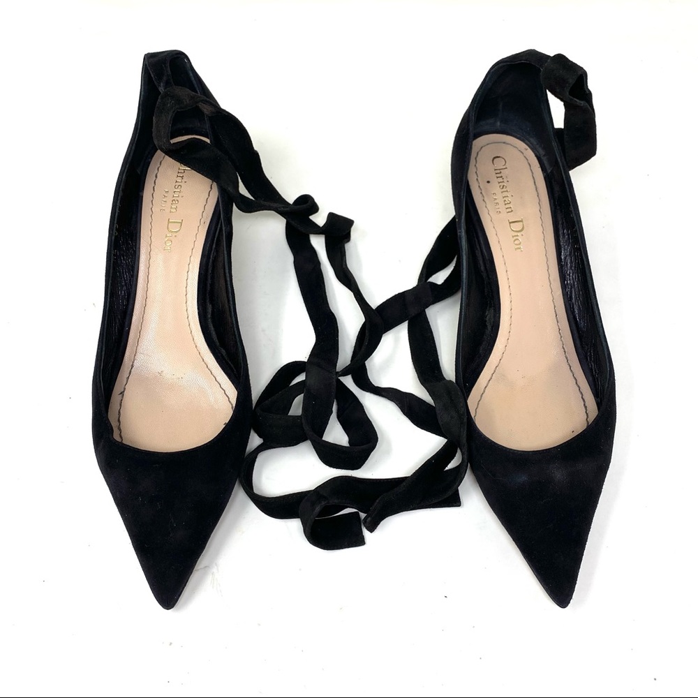Dior Lovely-D Black suede kitten heel ankle wrap pointy toe pumps size 38.5